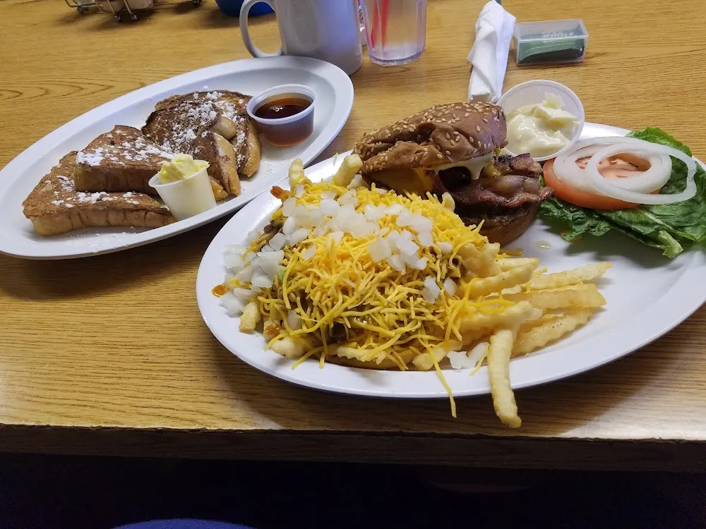 French Toast and Bacon Cheeseburger with Chili Cheese Fries